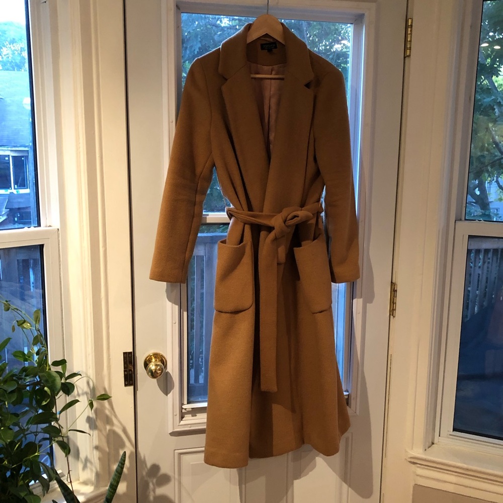 TOPSHOP Camel Wool Blend Belted Coat Jacket Sz 10